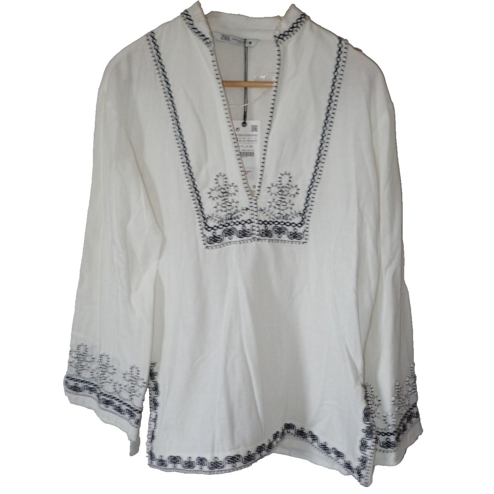 ZARA Bohemian Tunic Top Embroidered Women XS NEW White Black Hippie Casual‎